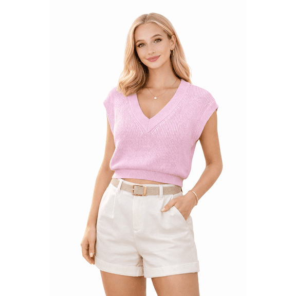 Socal Look Women's Sleeveless V-Neck Sweater Top in Stretchable Viscose Blend Primrose Pink, S
