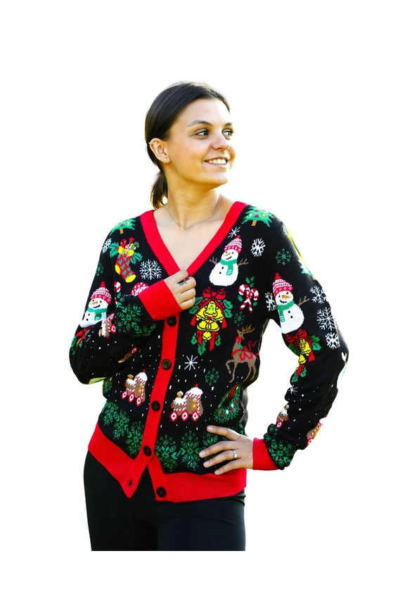 Festive Ugly Christmas Sweater, Long Sleeve V-Neck Acrylic Holiday Cardigan, 2XL