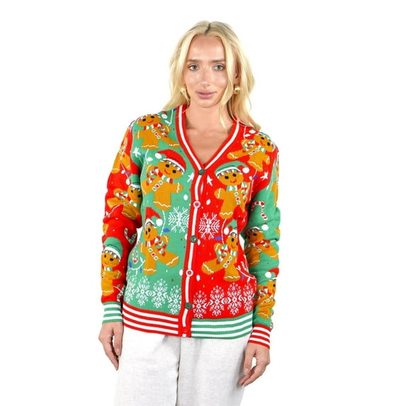 Socal Look Women's Ugly Christmas Sweater, Long Sleeve V-Neck Acrylic Holiday Cardigan, M