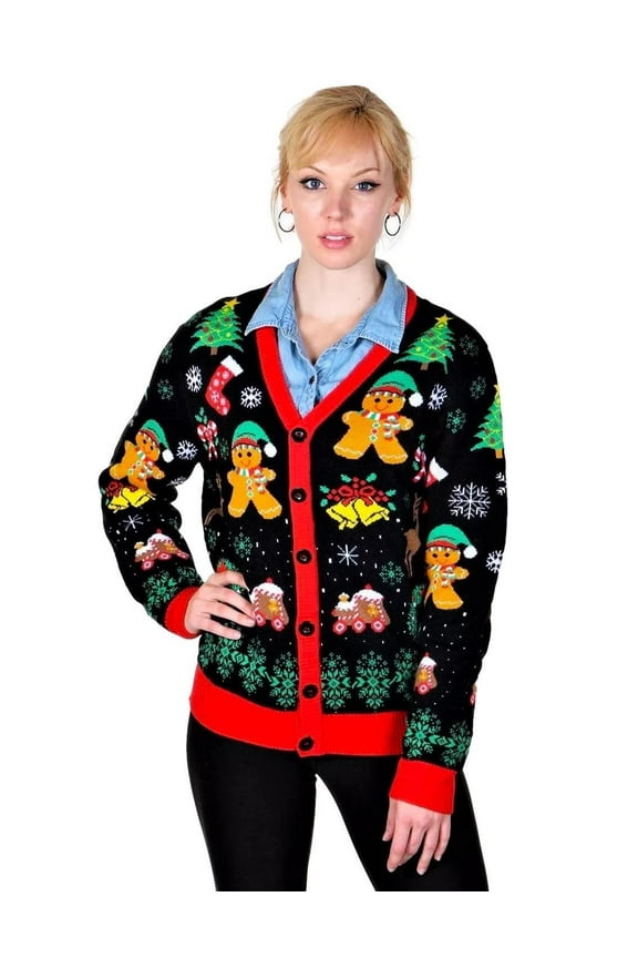 Women's Ugly Christmas Sweater, Long Sleeve V-Neck Acrylic Holiday Cardigan, S