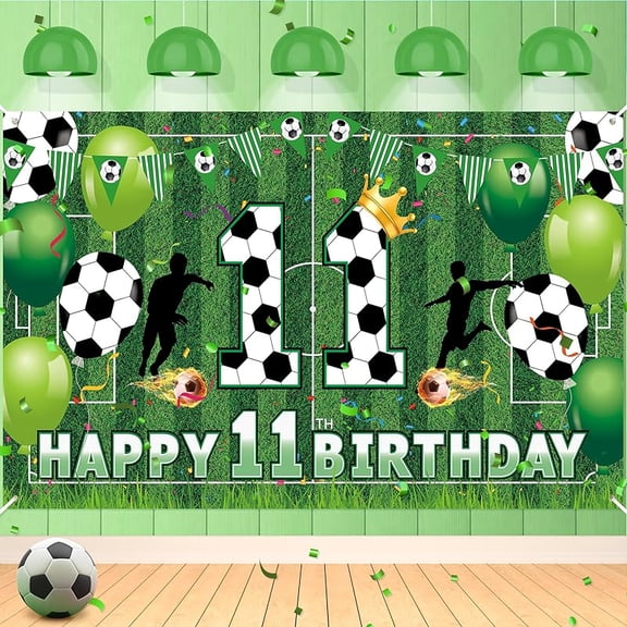 Soccer 11th Birthday Party Decorations - Happy Birthday Banner for Boys, Kids, Teens - Large Sport Themed Football Anniversary Party Supplies