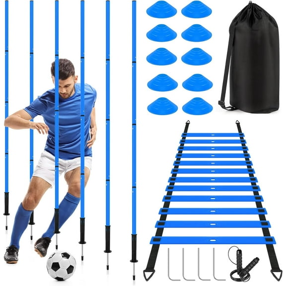 Soccer Agility Training Equipment: 6 Soccer Agility Poles, 20ft Agility Ladder, 10 Soccer Cones, 1 Jump Rope. Soccer Training Poles for Speed Training, Agility Training