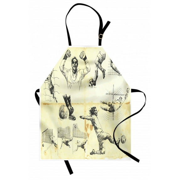 Soccer Apron Collection of Different Soccer Player and Goalkeeper Theme Sketch Art, Unisex Kitchen Bib Apron with Adjustable Neck for Cooking Baking Gardening, Pale Yellow Charcoal Grey, by Ambesonne