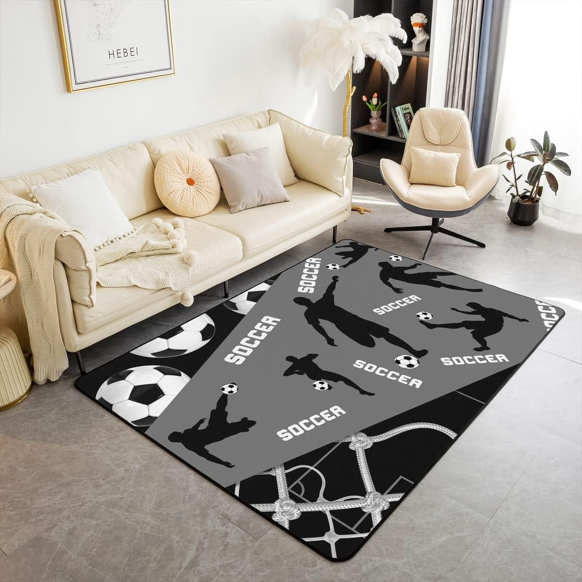 Soccer Area Rug for Kids Boys Teens,Grey and Black American Soccer