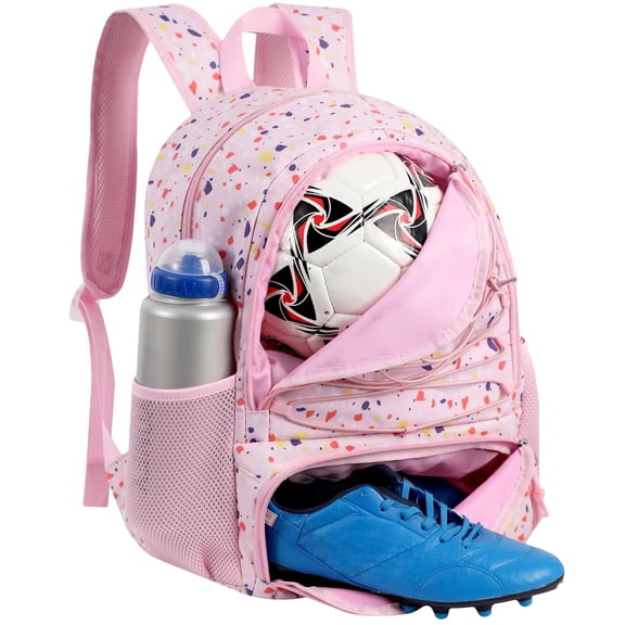 Soccer Backpack 32L Pink Soccer Bag with Ball Holder Shoes Compartment Water-Resistant Breathable Multi-Sport Backpack for Basketball Volleyball