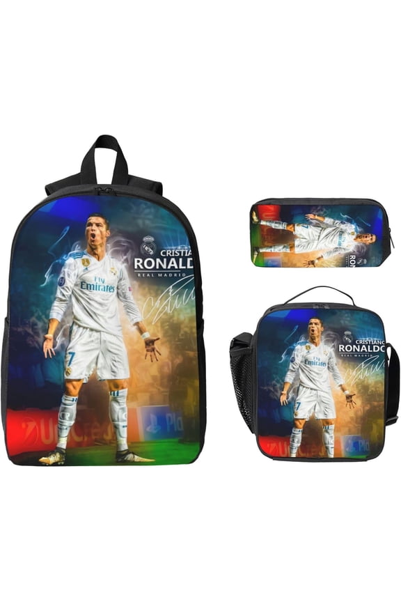 Soccer Backpack Player #7 Ronaldo Backpack with Lunch Box & Pencil Case Lightweight Casual Knapsack for Trave