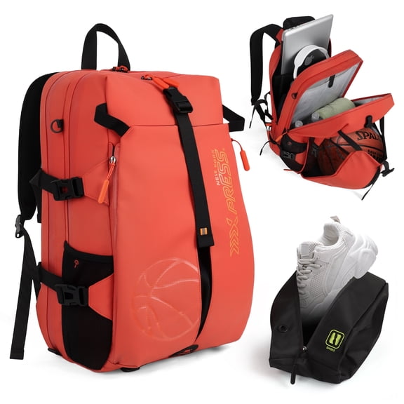 Soccer Bag 2-in-1 Sports & Travel Backpack with Ball and Laptop Compartments, Water-Resistant, for Basketball Volleyball Football, Orange, B00391