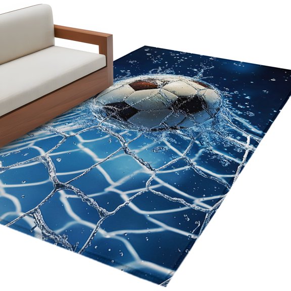 Soccer Ball Area Rug 4x6 Washable Rug Non Slip Wet Net Power Shot Blue Football Large Area Rug Indoor Floor Carpet for Entryway Bedroom Kitchen Living Room Home Office Dining Room Nursery