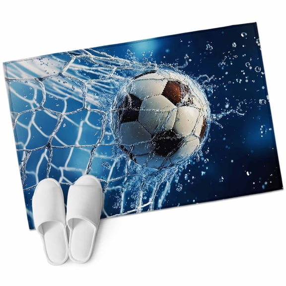 Soccer Ball Bathroom Rug Washable 2x3 Entryway Rug Non Slip Wet Net Power Shot Blue Football Front Door Mat Low Pile Indoor Doormat Throw Floor Carpet for Kitchen Bedroom Entrance
