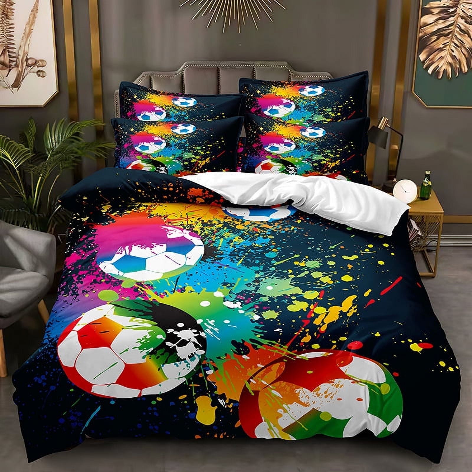 Soccer Ball Bedding Set 3D Geometric Football Duvet Cover for Kids Boys Girls Yellow Black Comforter Cover Sport Bedding Linen Room Queen Size Zipper Walmart