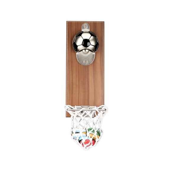 Soccer Ball Bottle Opener Wall Mounted Magnetic Cap Catcher with Mini Hoop Net Wooden Backboard Beer Opener for Kitchen