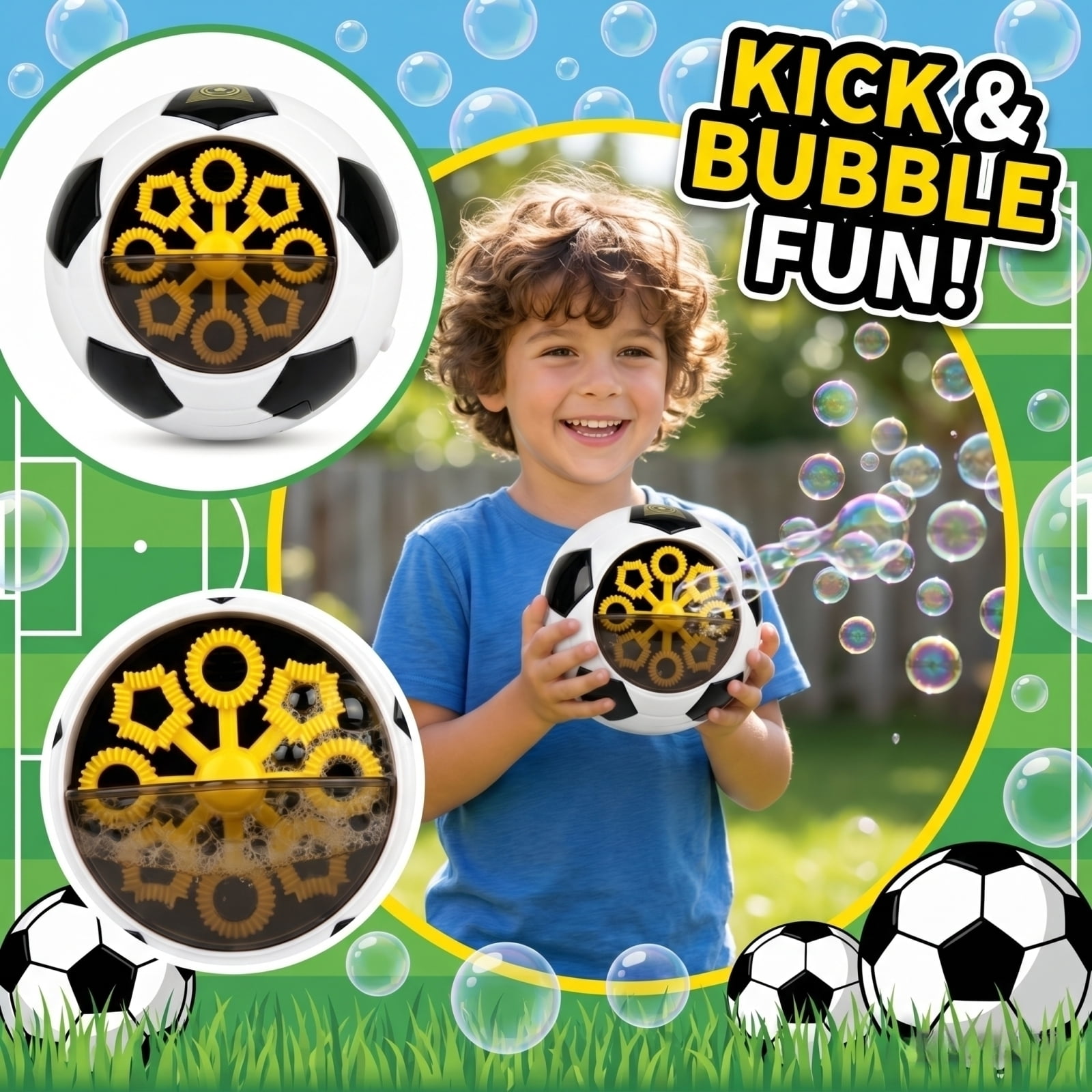 Soccer Ball Bubble Machine , Automatic Bubble Blower with 8 Spinning Wands, Portable Outdoor for Summer Parties, Birthday Gifts, Black & White