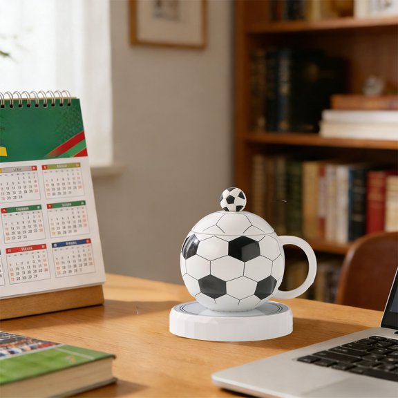 Soccer Ball Design Ceramic Mug with Lid and Spoon, Classic Sports Themed Coffee and Tea Cup Set in Premium Gift Box
