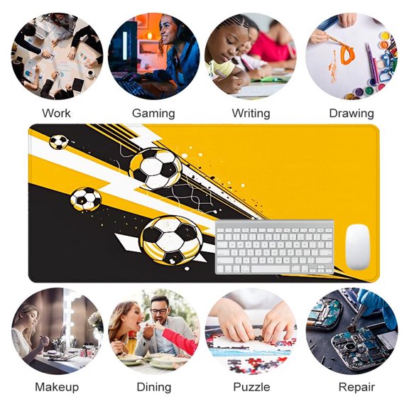 Soccer Ball Design Rubber Mouse Pad 31.5 x 11.82 inches - Yellow Black Sport Theme for Office Gaming Desk