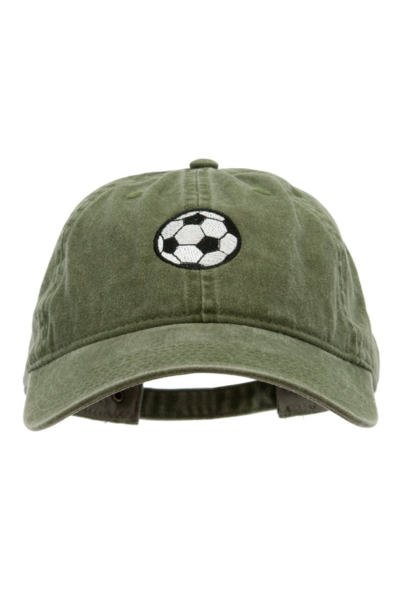 Soccer Ball Embroidered Washed Solid Pigment Dyed Cotton Twill Brass Buckle Cap - Olive OSFM