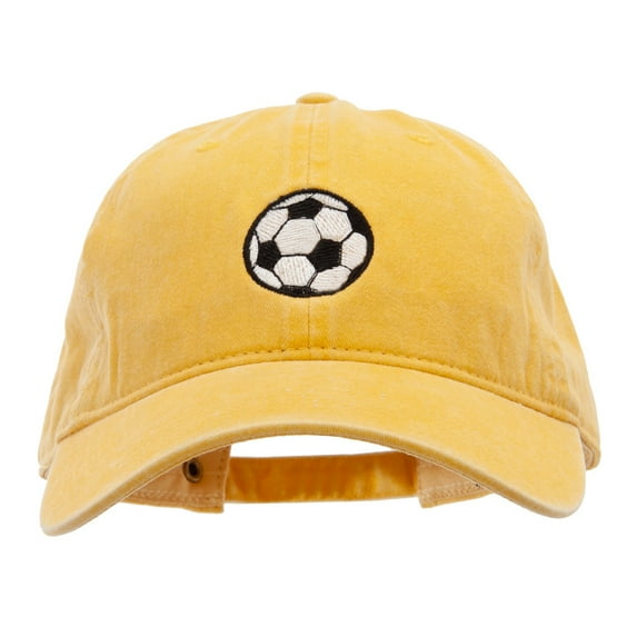 Soccer Ball Embroidered Washed Solid Pigment Dyed Cotton Twill Brass Buckle Cap - Yellow OSFM