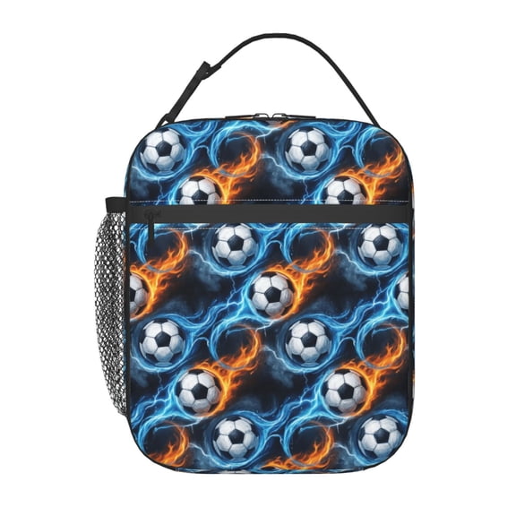 Soccer Ball Fire Lunch Bag Lightning Insulated Lunch Box For Women & Men, Reusable Leak-Proof Lunch Box With Cooler Compartment, Lunch Tote For Work Travel Picnic Office