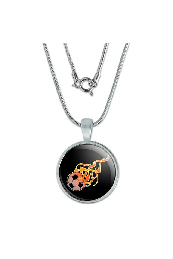 Soccer Ball Football Cartoon Flames 0.75" Pendant with Sterling Silver Plated Chain