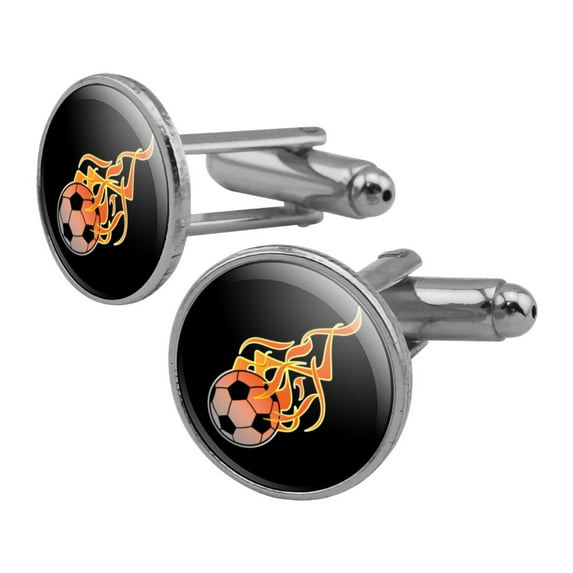 Soccer Ball Football Cartoon Flames Round Cufflink Set Silver Color