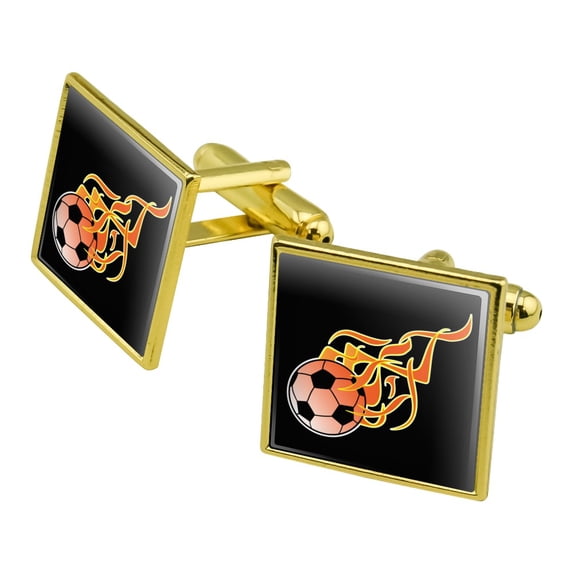 Soccer Ball Football Cartoon Flames Square Cufflink Set - Silver or Gold