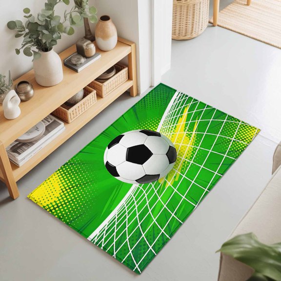 Soccer Ball Goal Net Rectangle Area Rug 2x3ft,Living Room Rug Non-Slip Washable Circle Rugs Pad,Football on Green Background Soft Floor Carpet for Bedroom Dining Room