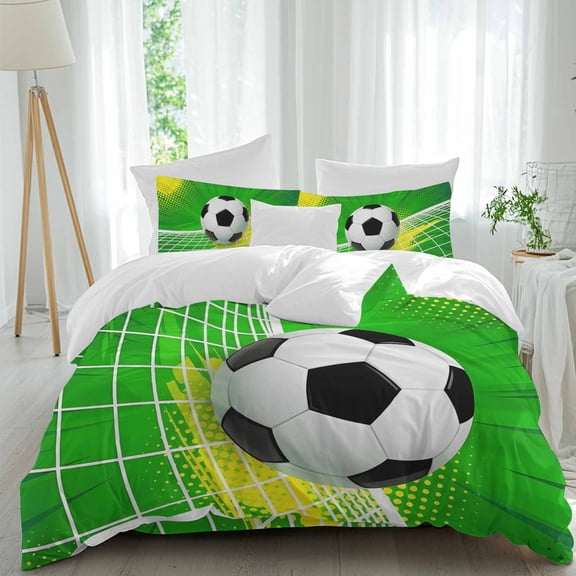 Soccer Ball Goal Net Soft Breathable Bedding Set with Pillow Shams Flat Sheet, Football on Green Background Bed Comforter Cover Sets