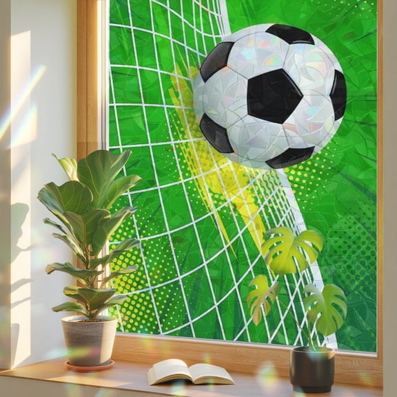 Soccer Ball Goal Net Window Privacy Film, Rainbow Film Decorative Window Sticker 17.7x39.3in, Football on Green Background Sun Blocking Static Stained Glass Cling Tint Non-Adhesive