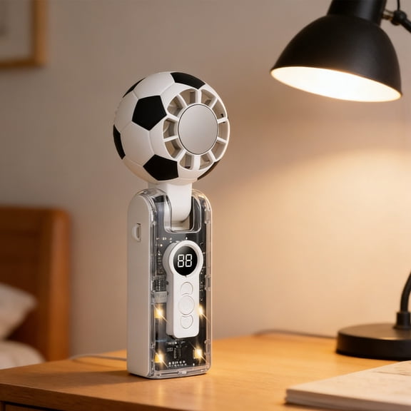Soccer Ball Handheld Fan with Transparent Shell LED Light 3 Speeds USB Rechargeable Portable Cooler 19cm (7.5 Inch)