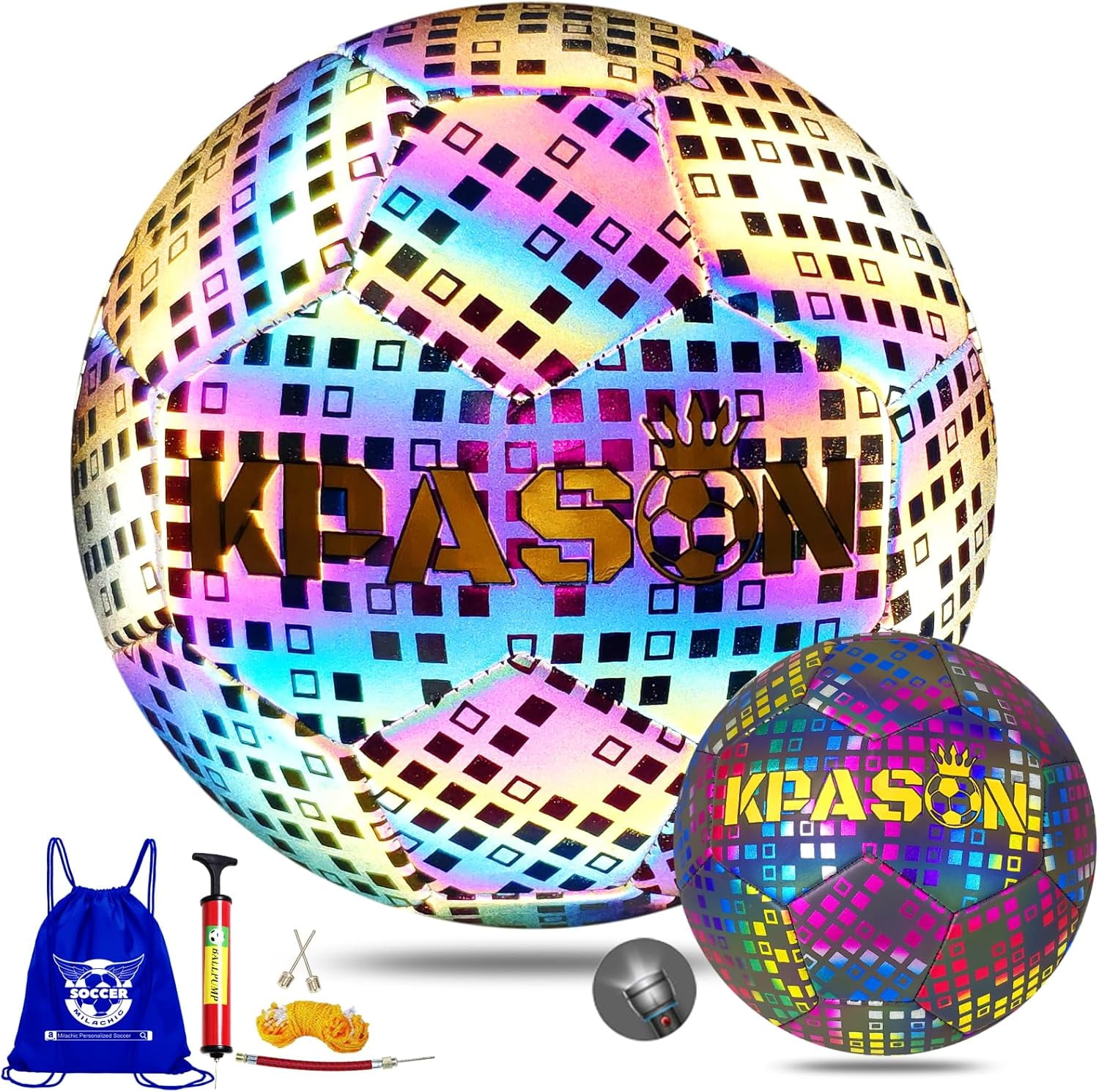 Soccer Ball Holographic Glowing Soccer Ball Size 5 for Youth, Adults - Reflective Glow Soccer Ball Gift for Soccer Fans (with Pump and Carry Bag)