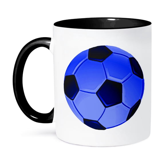3dRose, Soccer Ball in Blue Design Print, 11oz Two-Tone Black Mug