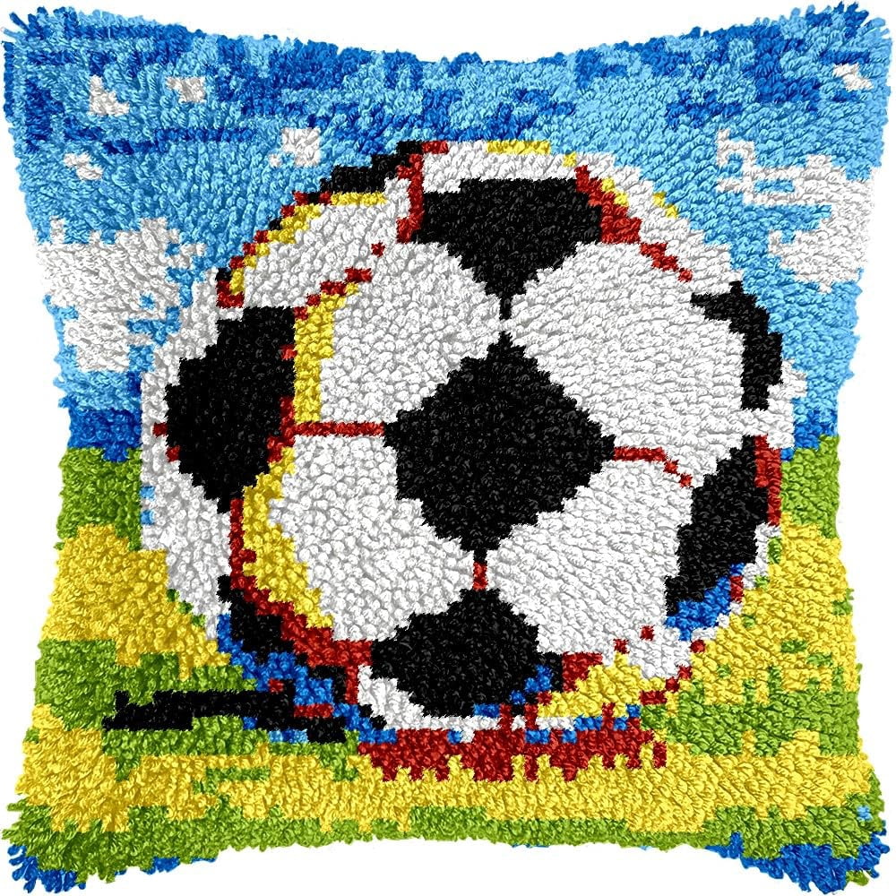 Soccer Ball Latch Hook Pillow Kits for DIY Throw Pillow Cushion Embroidery Latch Hooking Pillowcase Kits with Preprinted Canvas Crochet Yarn Kits for Home Decor 17''X 17''(C113)