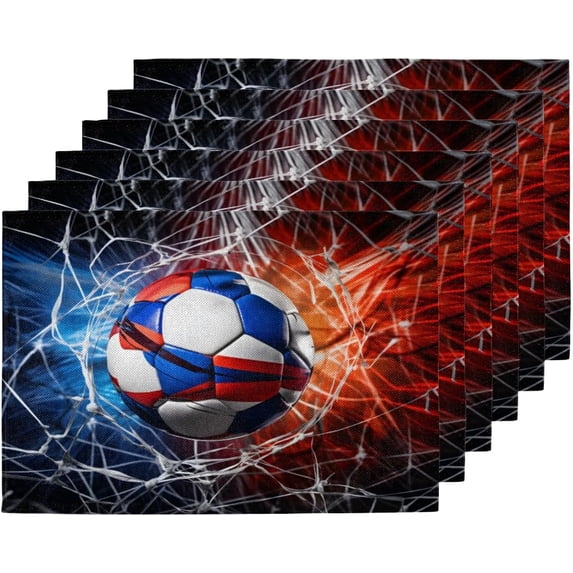 Soccer Ball Net Placemats Set of 6, Heat Resistant Washable Linen Table Mat Wipeable Indoor Outdoor Kitchen Holiday Party Tables Decoration Coffee Place Mats 12x18 Inch