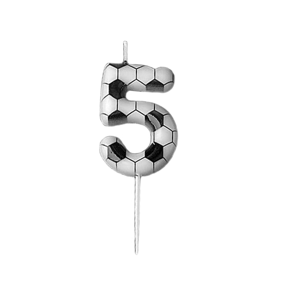Soccer Ball Number 5 Candle for Birthday Cakes - Silver Metallic Design with Realistic Football Pattern, Safe Wax Material - Kids Birthday Parties, Sports Themed Celebrations