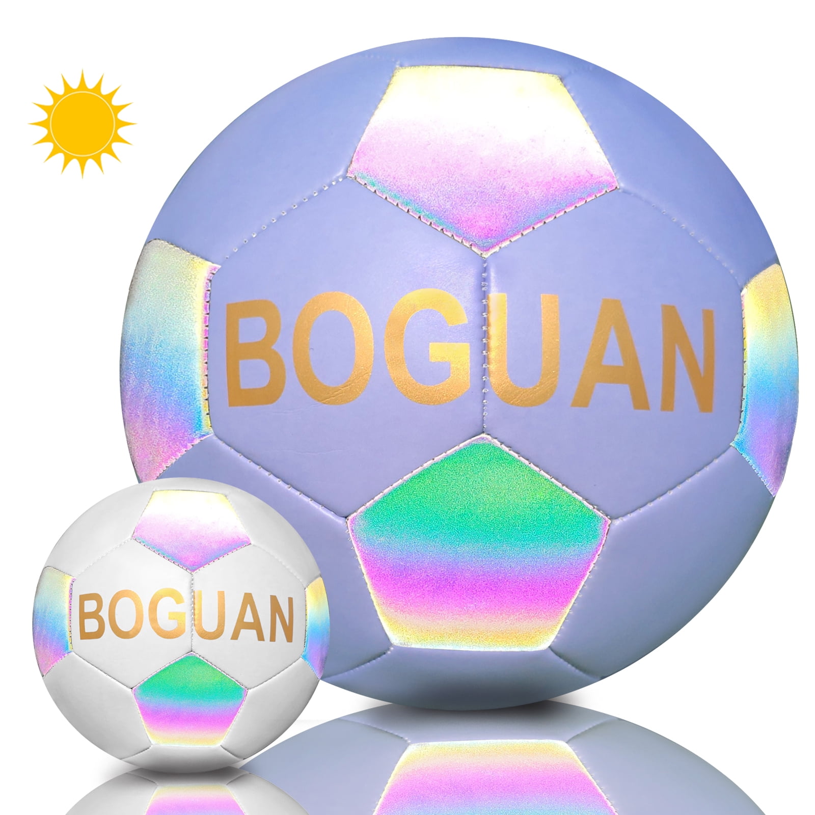 Soccer Ball Official Size 5 - Holograhpic Reflective Glow Leather-Discoloration in The Sun Change Color - Extra Pump and Net - Gifts for Kids,Boys,Girls,Adults Outdoor Indoor Training Ball