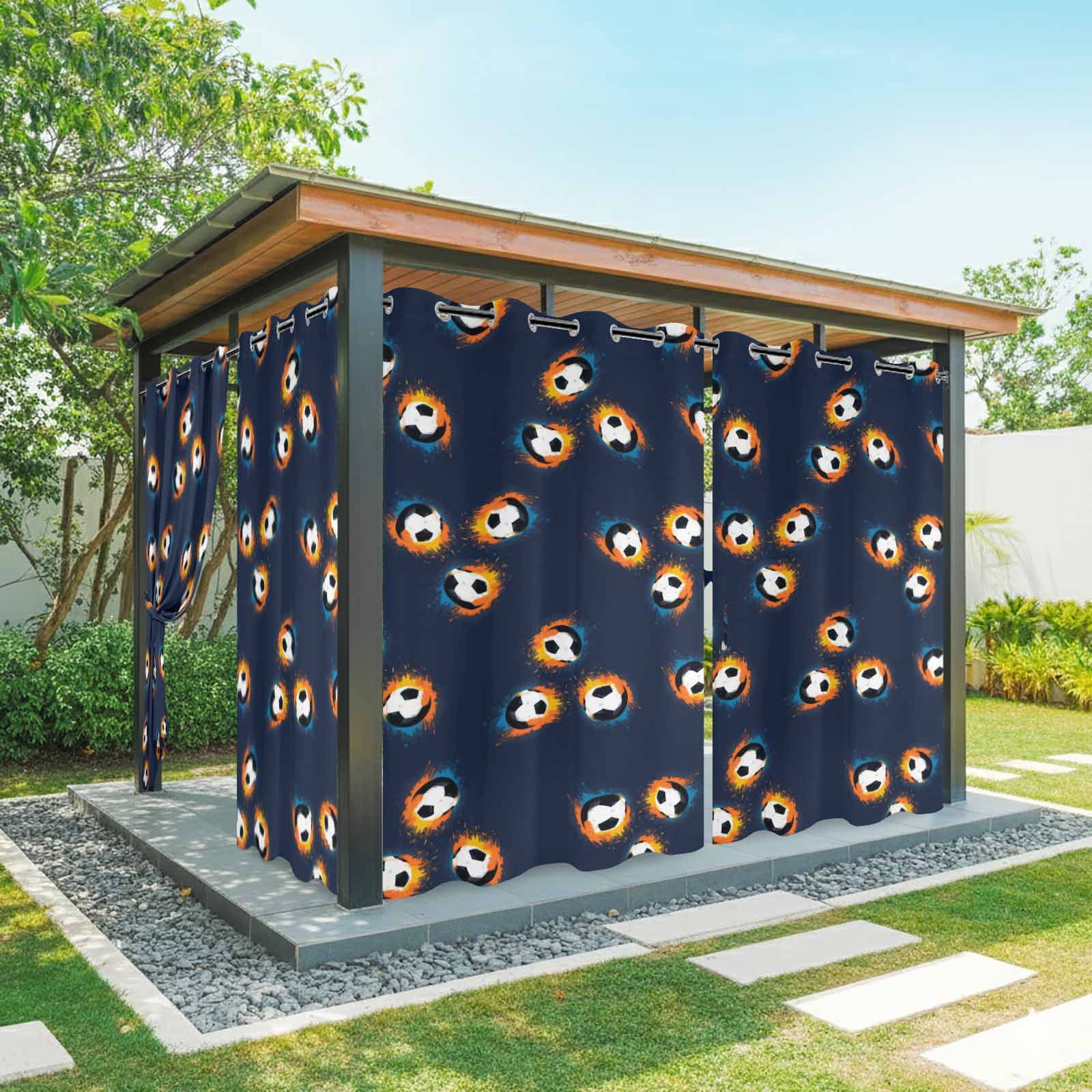 Soccer Ball Outdoor Curtains for Patio, Sports Athletic Black White Soccer Navy Blue Background Sunshade Privacy Drapes Grommet Waterproof Outside Curtains for Porch/Cabana/Balcony 54"x 108", 1 Panel