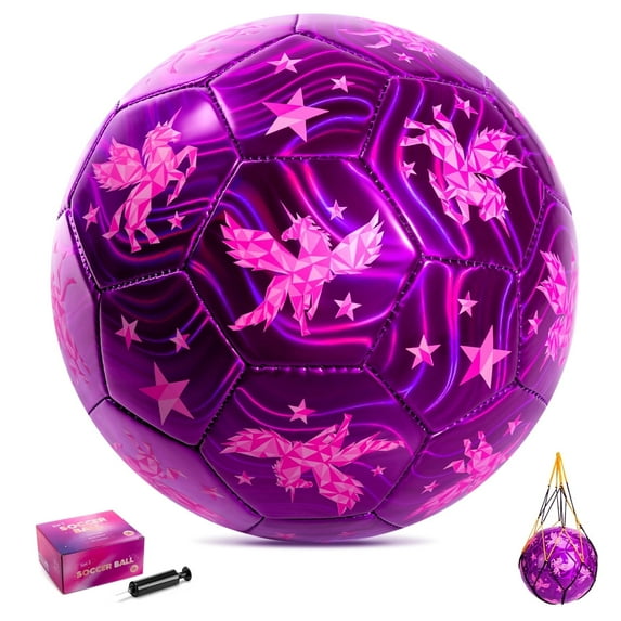 PLAYZAP Size 3 Soccer Ball with Pump, Toddler Soccer Ball for Kids 3-8 Years Old - Indoor Outdoor Sports Ball Toys Girls Boys - Purple Unicorn