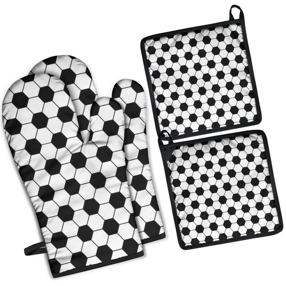 Soccer Ball Pattern Kitchen Oven Mitt and Pot Holder Sets 2 Pcs for Baking, Cooking and Grilling, Heat Resistant Up To 392 °F