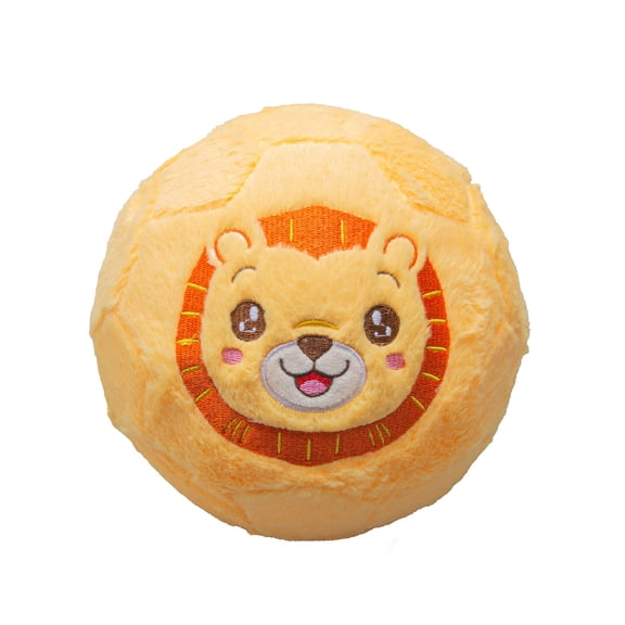 Soccer Ball Plush, Inflatable Ball, 8 in Round, Lion Face Print, Indoor Playground, Soft Bounce, 1 Pc Inflatable Pump, 1 Needle, Yellow