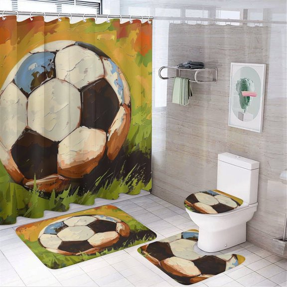 Soccer Ball Print 4 Pcs Shower Curtain Set Bathroom Sets with Shower Curtain And Rugs 4 Piece Sport Soccer Ball Football Waterproof Shower Curtain for Bathroom Decor