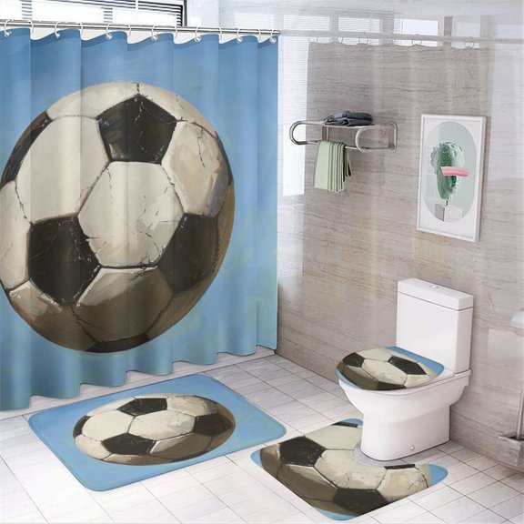 Soccer Ball Print 4Pcs Shower Curtain Set with Rugs Bathroom Sets with Curtain Rug Toilet Cover And U Shaped Mat Soccer Ball Football Design Waterproof Bath Curtain