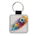 thumbnail image 1 of Soccer Ball Rocketing Through The Air Watercolor Faux Leather Square Keychain, 1 of 7
