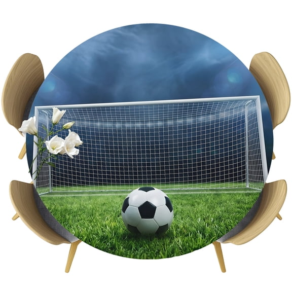 Soccer Ball Round Tablecloth 36-44 Inch Round Fitted Table Cloth with Elastic Edge, Stadium Sports Goal Post Grass Green Waterproof Table Cover Protector for Outdoor Picnic Party Dining