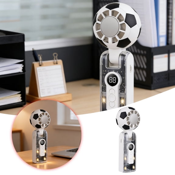 Soccer Ball Shaped Handheld Turbo Fan 3 Speed Digital Display Rechargeable Portable Fan With Led Light For Sports Travel Beach(White-19X8Cm)