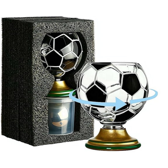 Soccer Ball Shaped Rotating Drinking Glass,10oz Trophy Beer Glass with Gold Base, Sports Theme Tumbler for Beverages, Juice Cocktail, Sports Fan(black)Q