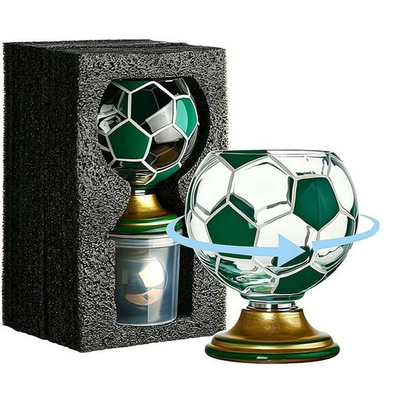 Soccer Ball Shaped Rotating Drinking Glass,10oz Trophy Beer Glass with Gold Base, Sports Theme Tumbler for Beverages, Juice Cocktail, Sports Fan(green)Q