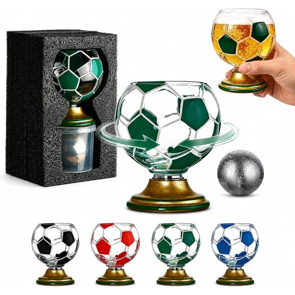 Soccer Ball Shaped Rotating Drinking Glass Cup,10oz/300ml Soccer Trophy Beer Glass with Gold Base,Sports Theme Glasses for Beverages,Unique Drinkware for SoccerLover,SportsFan Gift