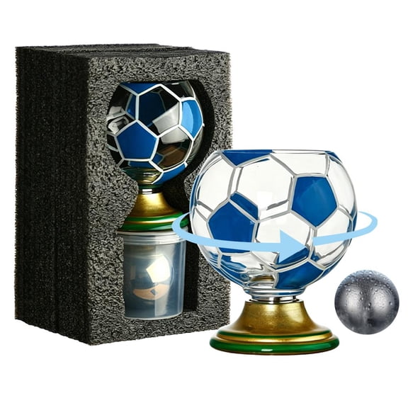 Soccer Ball Shaped Rotating Drinking Glass Cup, 300ml Capacity, Clear with Black and White Design, Gold Base,Mugs,10Oz Beer Glass for Soccer Lover