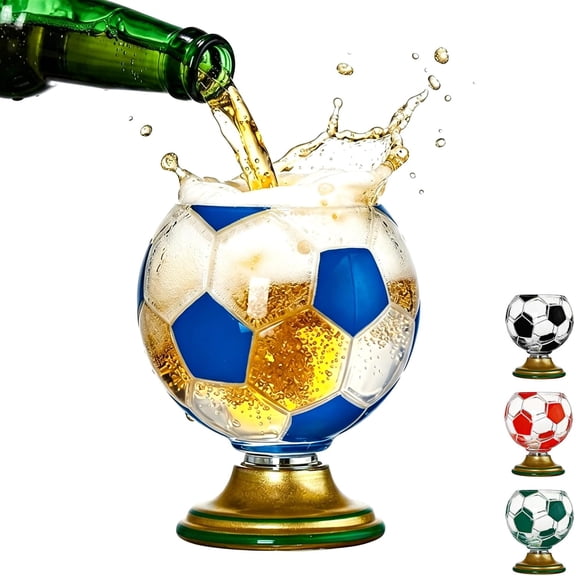 Soccer Ball Shaped Rotating Drinking Glass, Novelty Football Shaped Rotating Glass with Gold Base for Match Day Parties & Home Bars, for Soccer Fans & Partners (Blue)