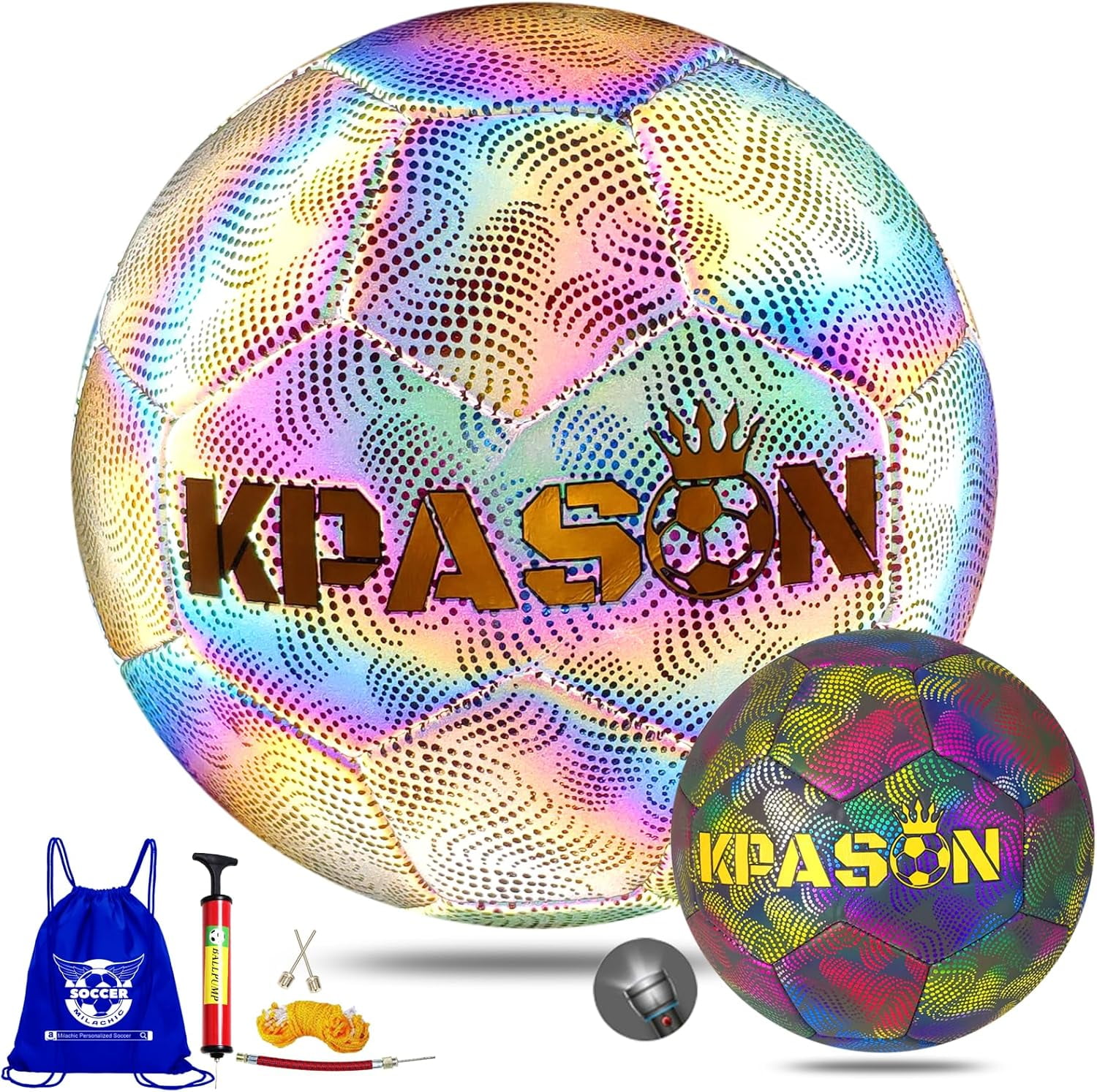 Soccer Ball Size 4/5, Holographic Glowing Soccer Ball with Pump and Carry Bag for Adults Boys Girls, Reflective Glow Soccer Ball for Night Games & Training, Teens Youth Back to School