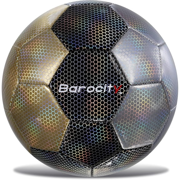 Soccer Ball Size 5 with Reflective Iridescent Rainbow Hex Pattern Silver Black and Gold